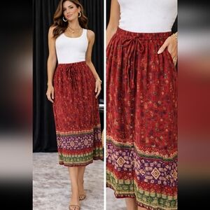 NORTON WOMAN STUDIO VINTAGE 80S RAYON CREPON BOHO MIDI SKIRT RED FLORAL SIZE 2X